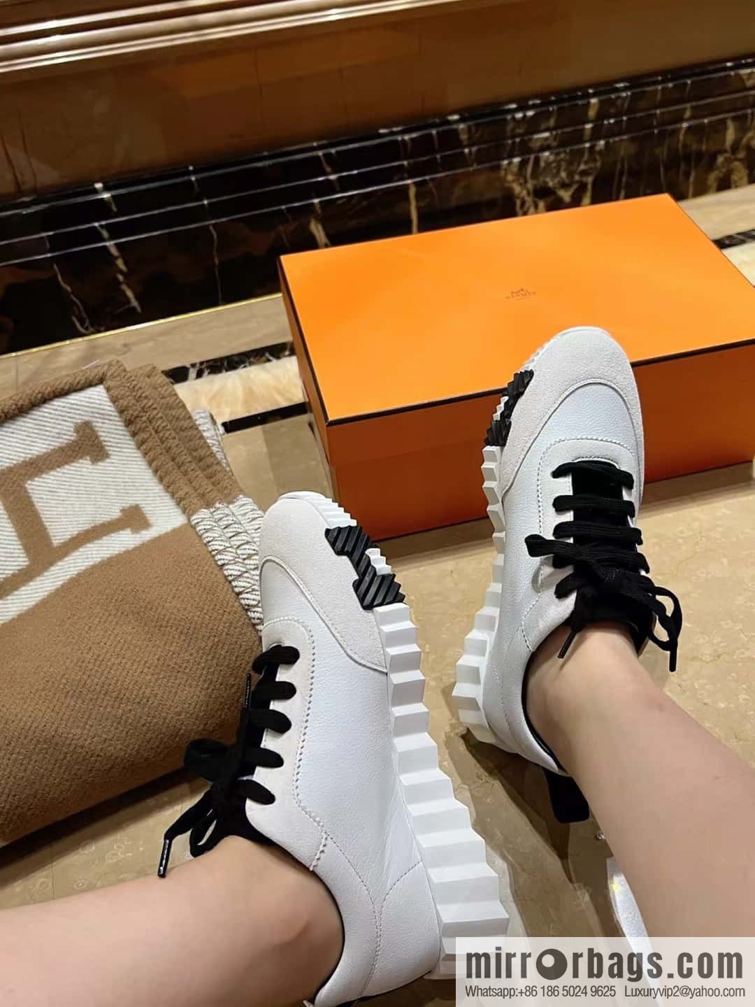 Hermes black and white leather casual sneakers