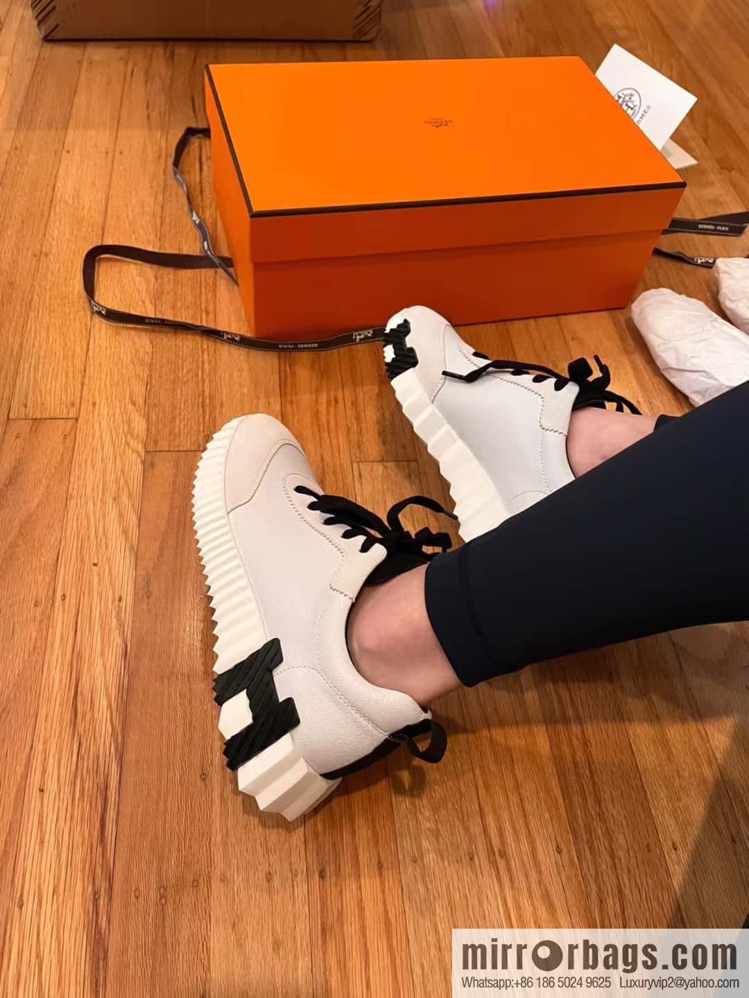 Hermes black and white leather casual sneakers