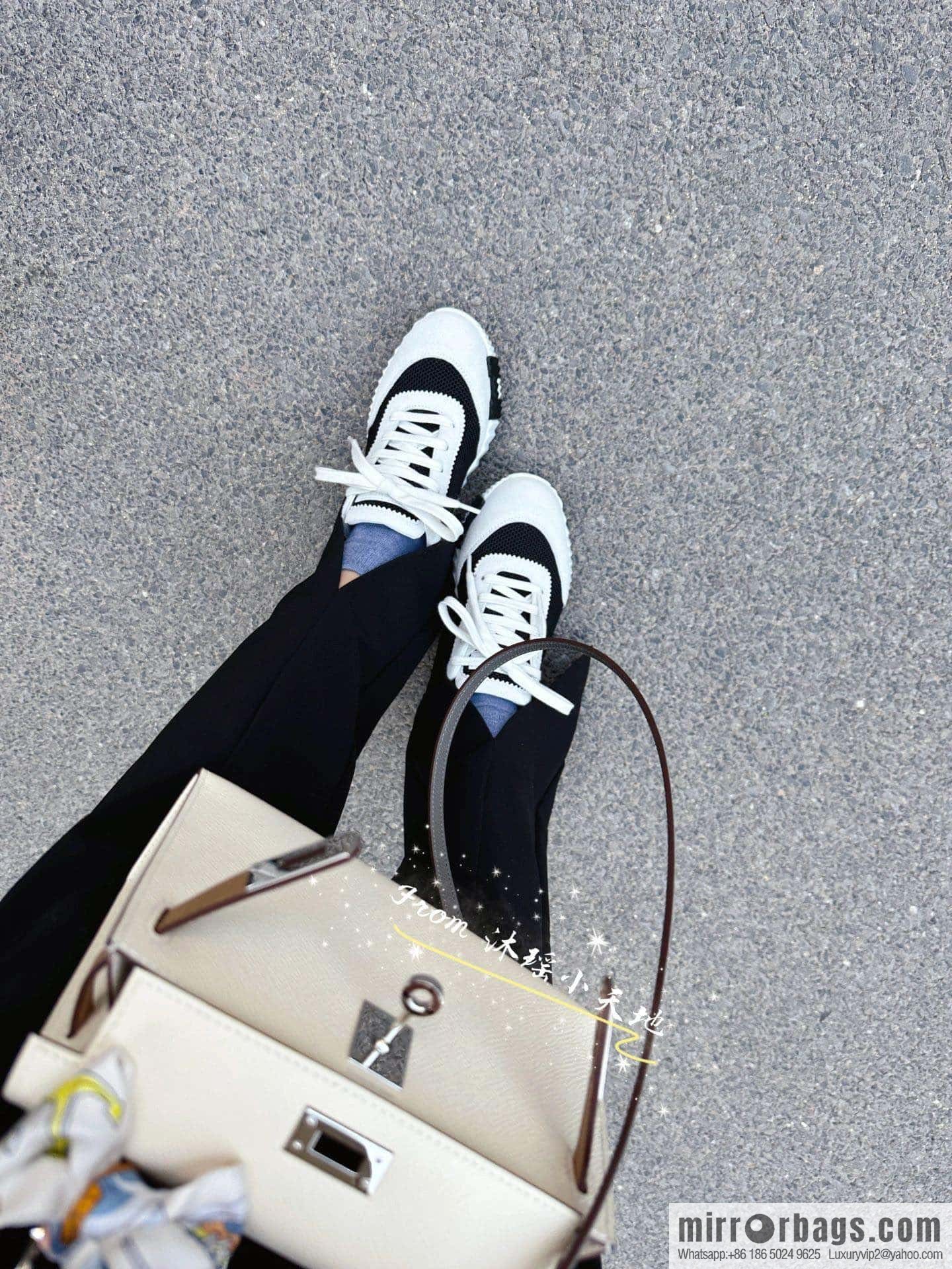 Hermes black and white panda mesh breathable sneakers
