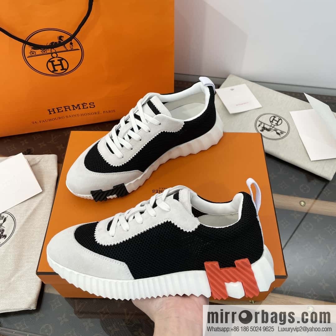 Hermes black and white panda mesh breathable sneakers
