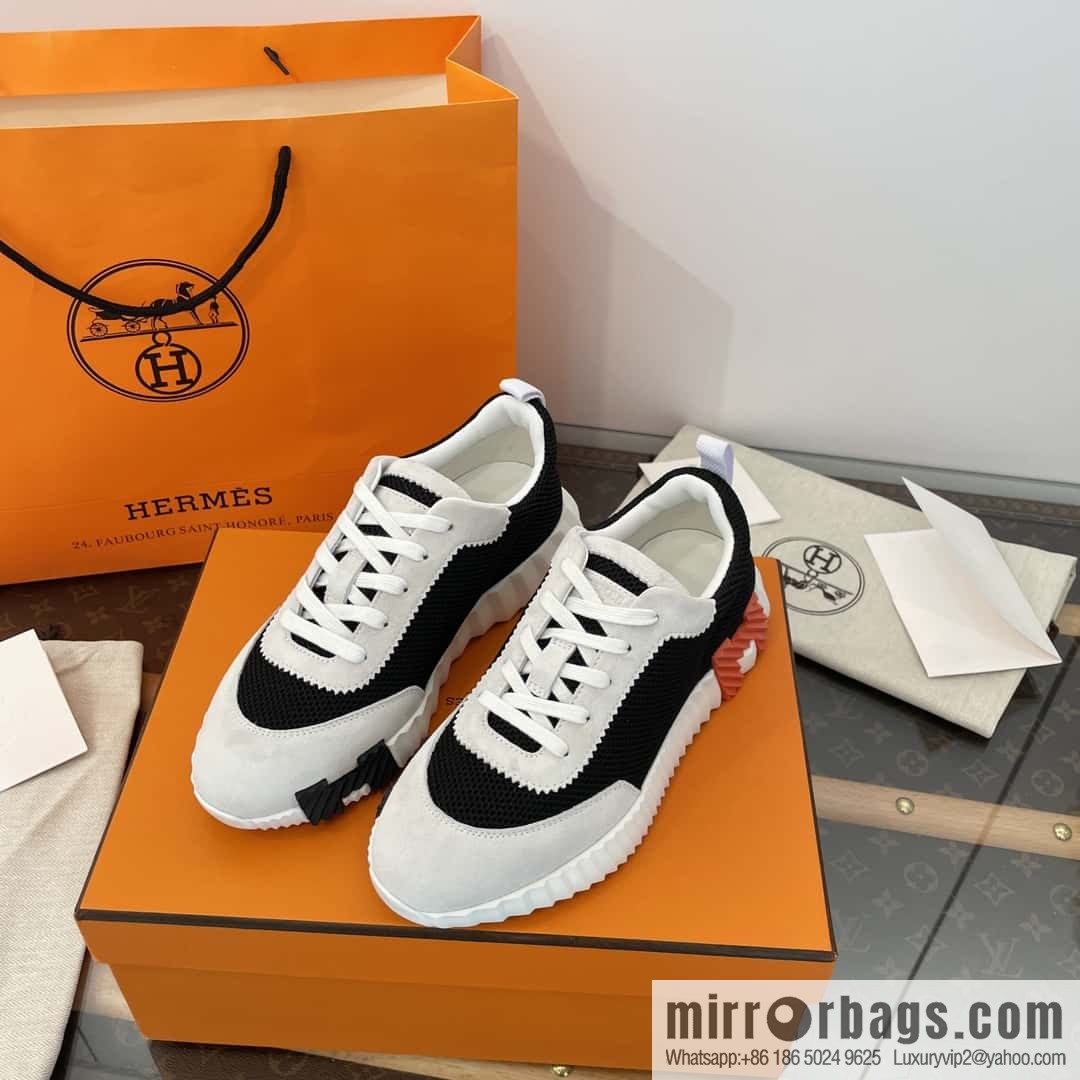 Hermes black and white panda mesh breathable sneakers
