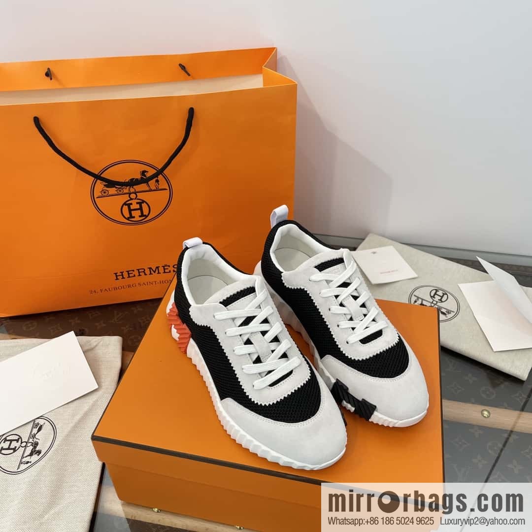Hermes black and white panda mesh breathable sneakers
