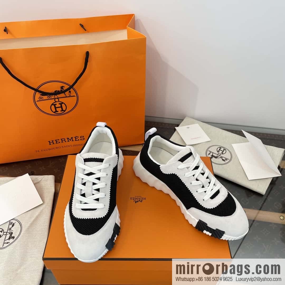 Hermes black and white panda mesh breathable sneakers