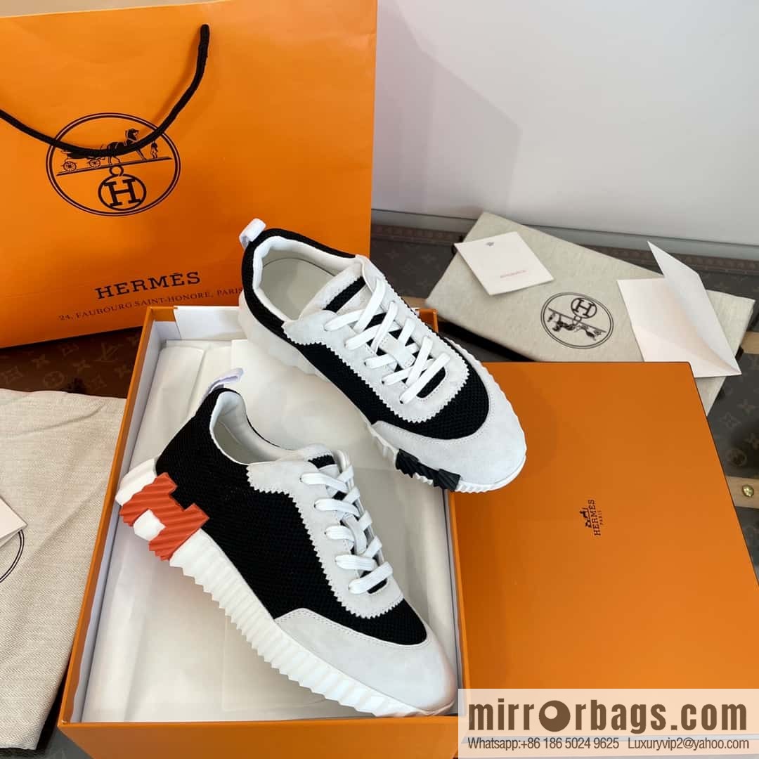 Hermes black and white panda mesh breathable sneakers