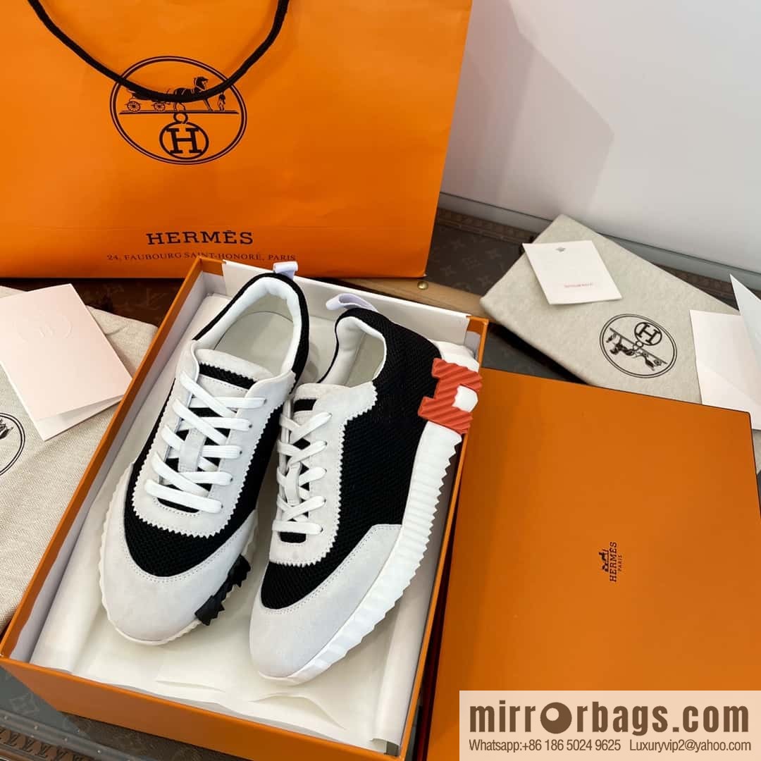 Hermes black and white panda mesh breathable sneakers