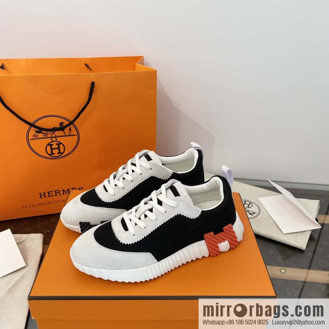 Hermes black and white panda mesh breathable sneakers