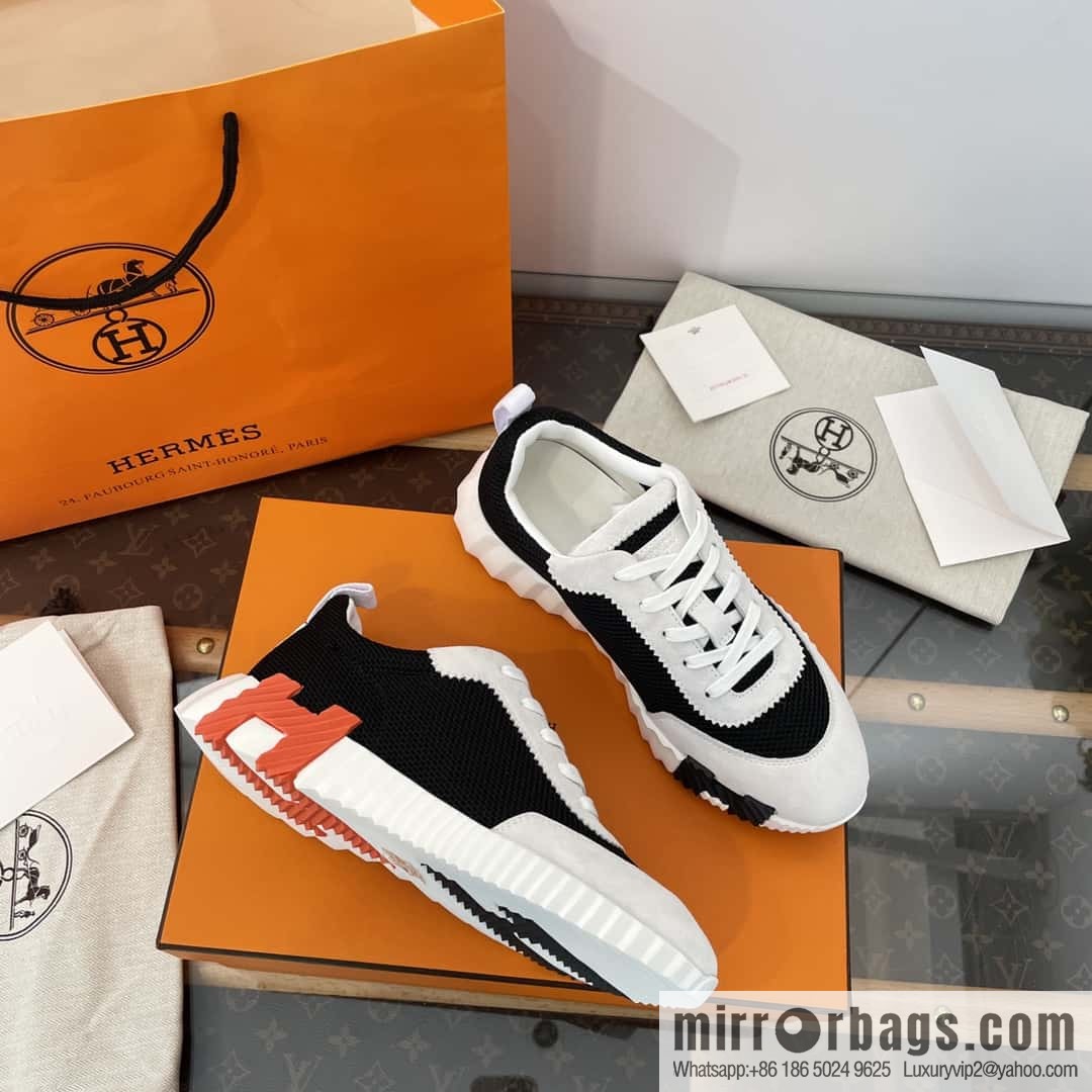 Hermes black and white panda mesh breathable sneakers