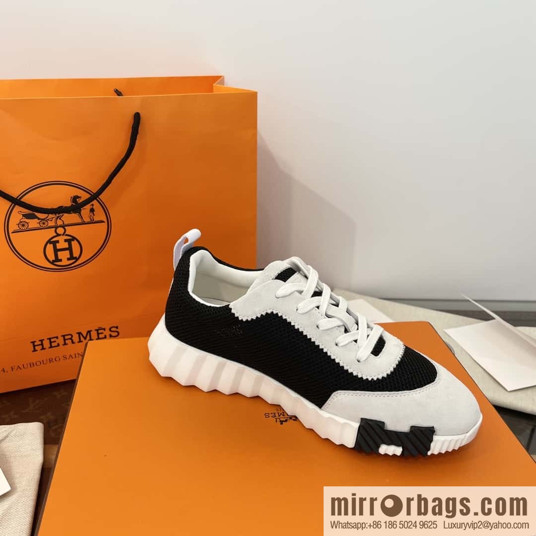 Hermes black and white panda mesh breathable sneakers