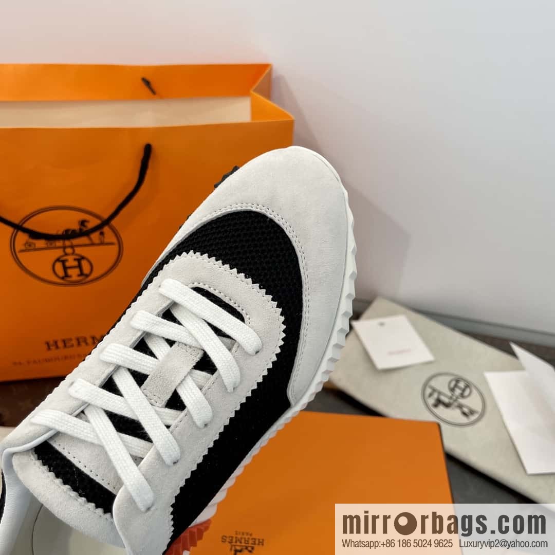 Hermes black and white panda mesh breathable sneakers