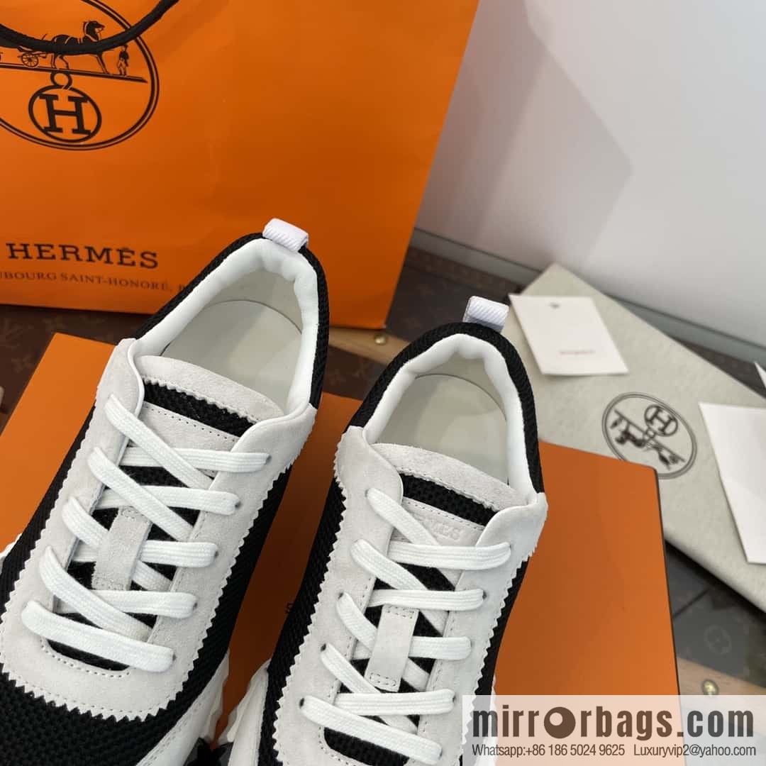 Hermes black and white panda mesh breathable sneakers