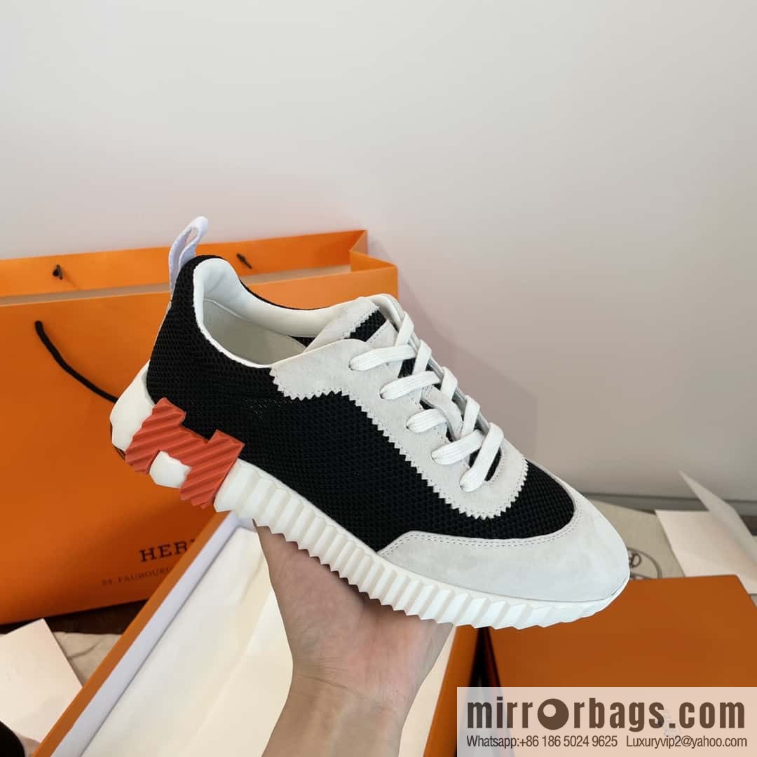 Hermes black and white panda mesh breathable sneakers