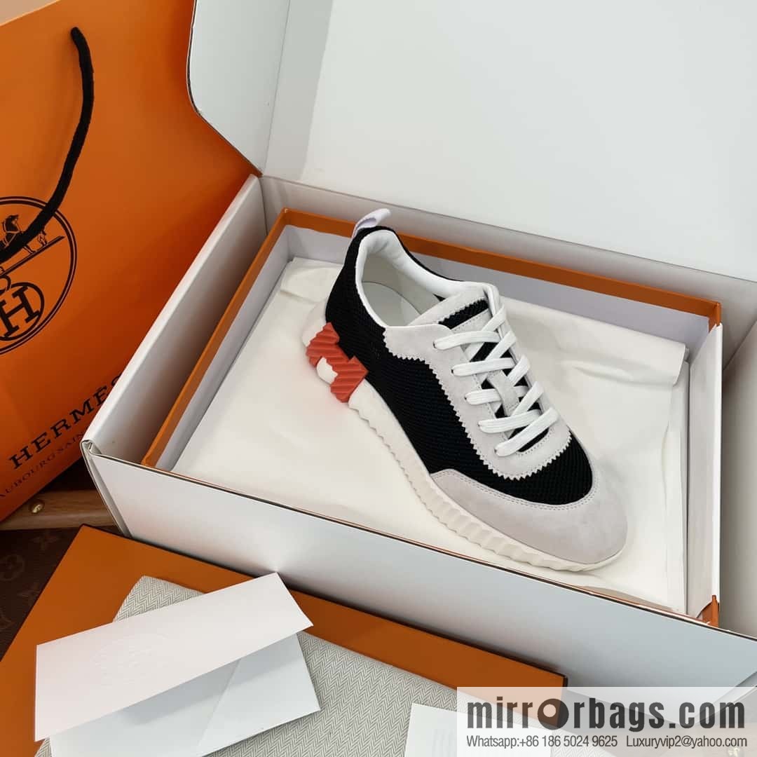 Hermes black and white panda mesh breathable sneakers