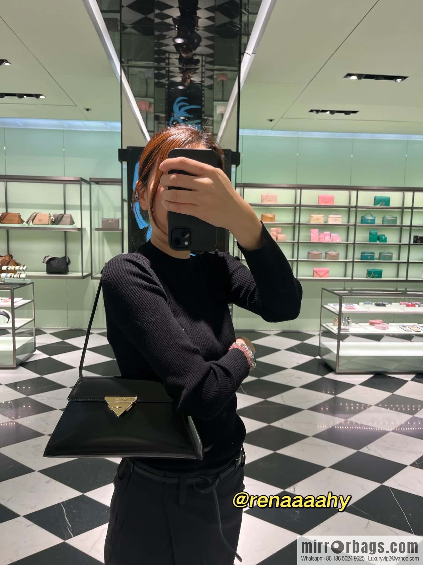 PRADA imported glossy calfskin shoulder bag 1BD342 black