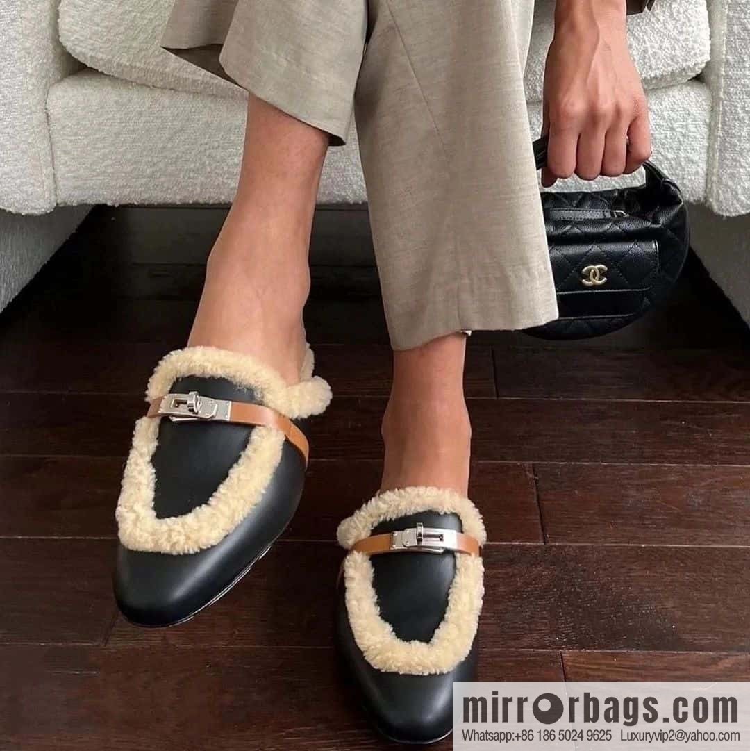 Hermès Sheepskin Button Muller Half Trail Fluffy Shoes