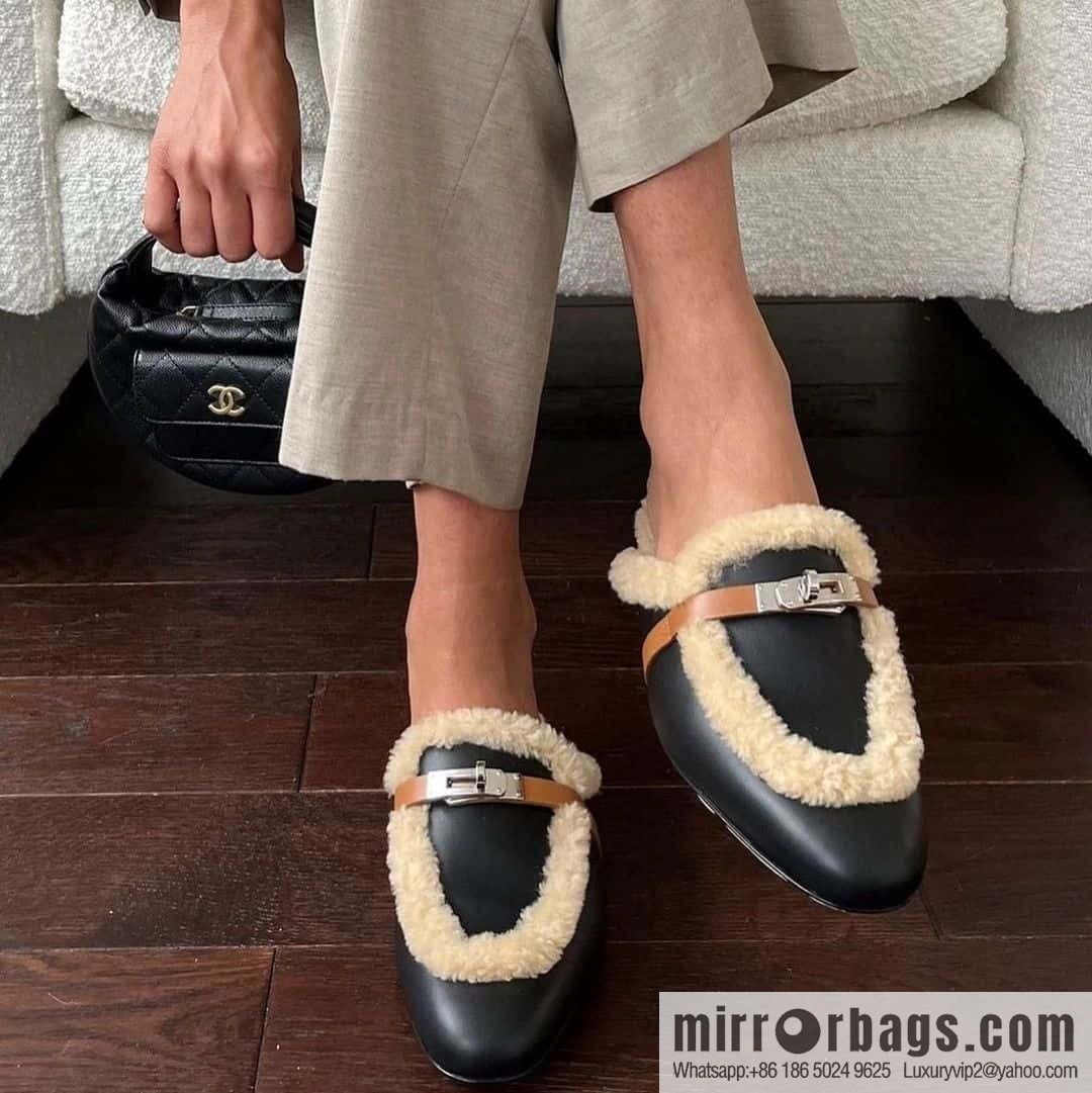 Hermès Sheepskin Button Muller Half Trail Fluffy Shoes