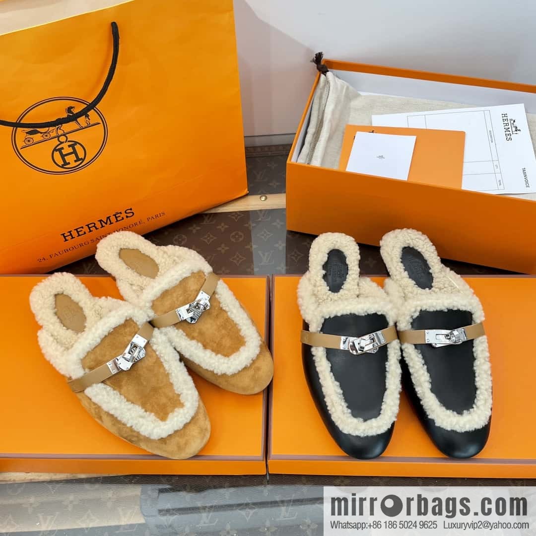 Hermès Sheepskin Button Muller Half Trail Fluffy Shoes