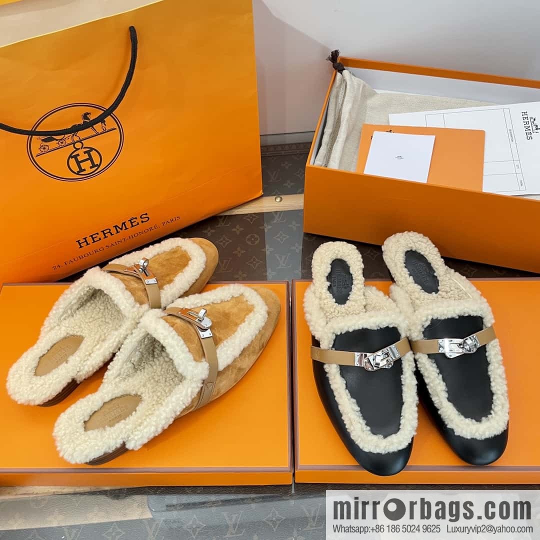 Hermès Sheepskin Button Muller Half Trail Fluffy Shoes