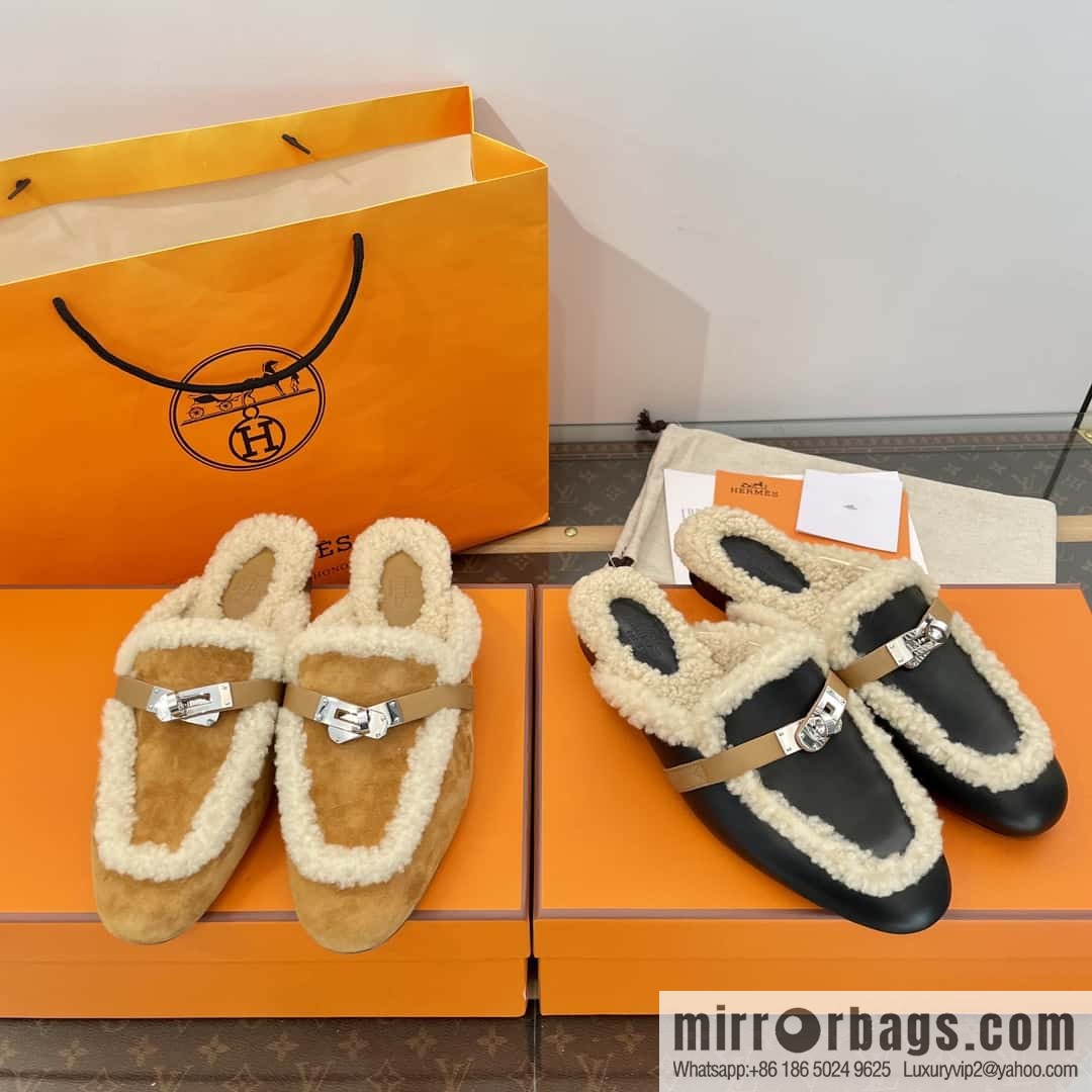 Hermès Sheepskin Button Muller Half Trail Fluffy Shoes