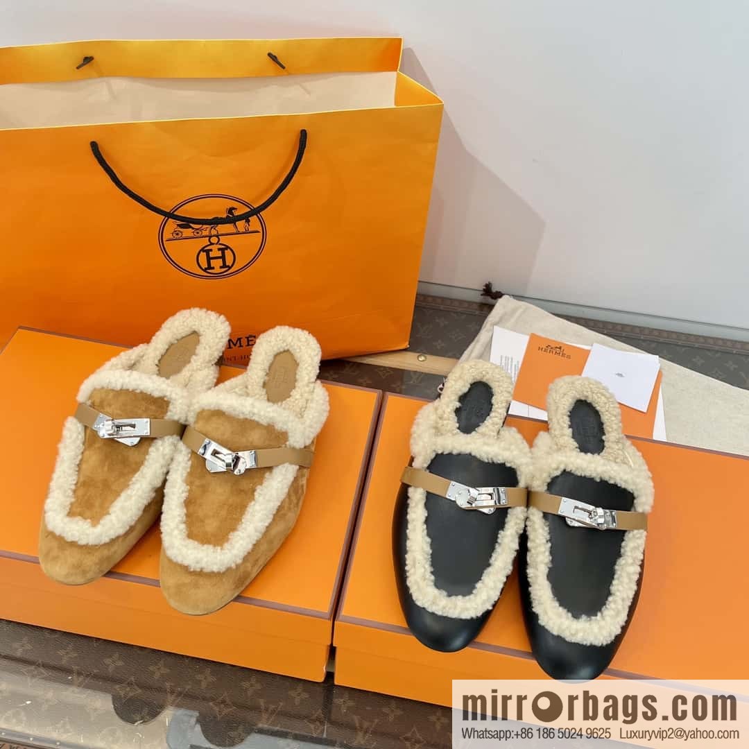 Hermès Sheepskin Button Muller Half Trail Fluffy Shoes