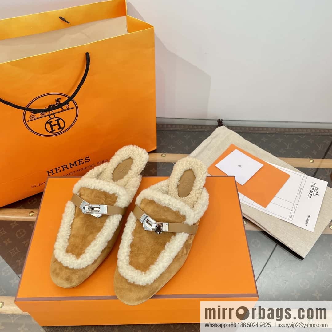 Hermès Sheepskin Button Muller Half Trail Fluffy Shoes