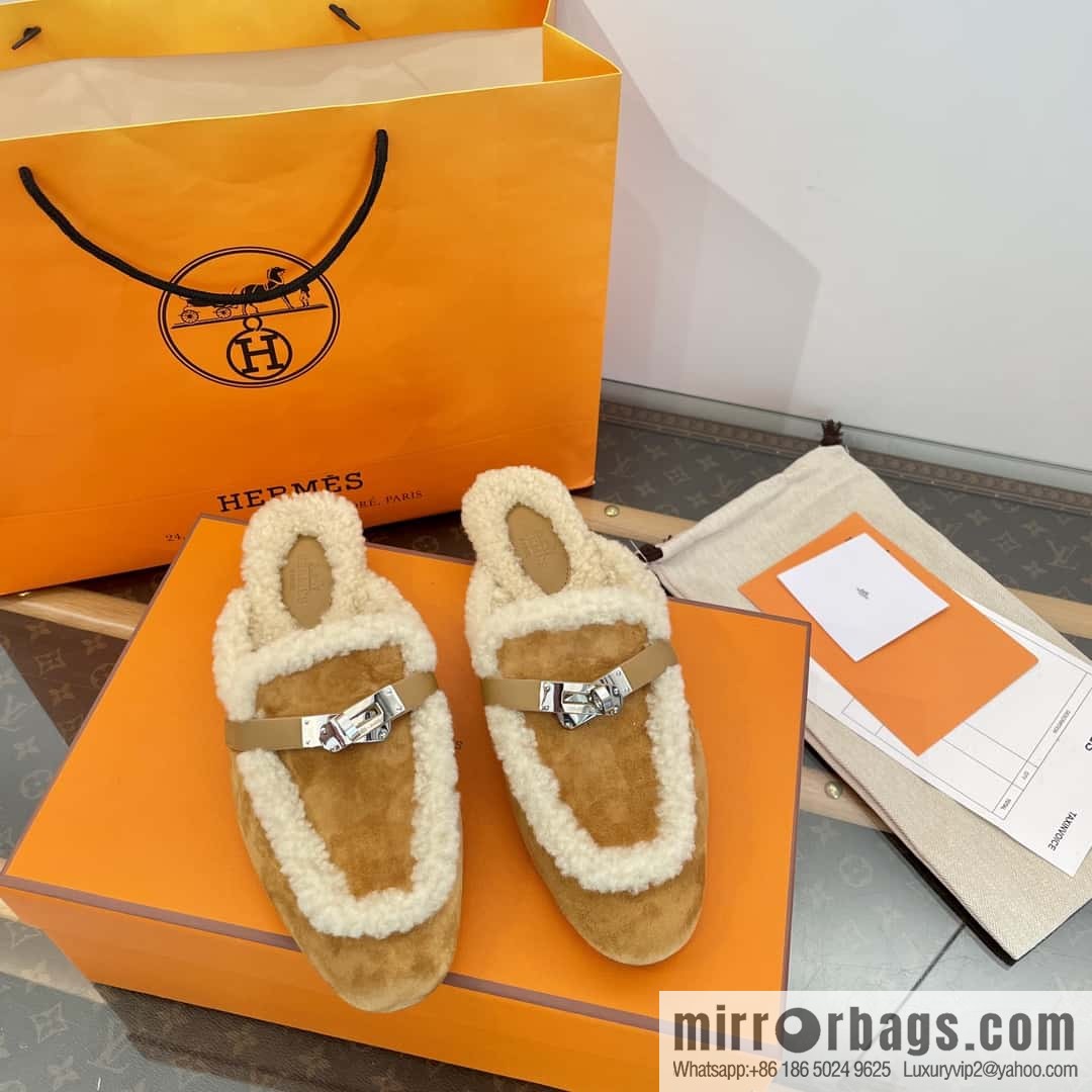 Hermès Sheepskin Button Muller Half Trail Fluffy Shoes