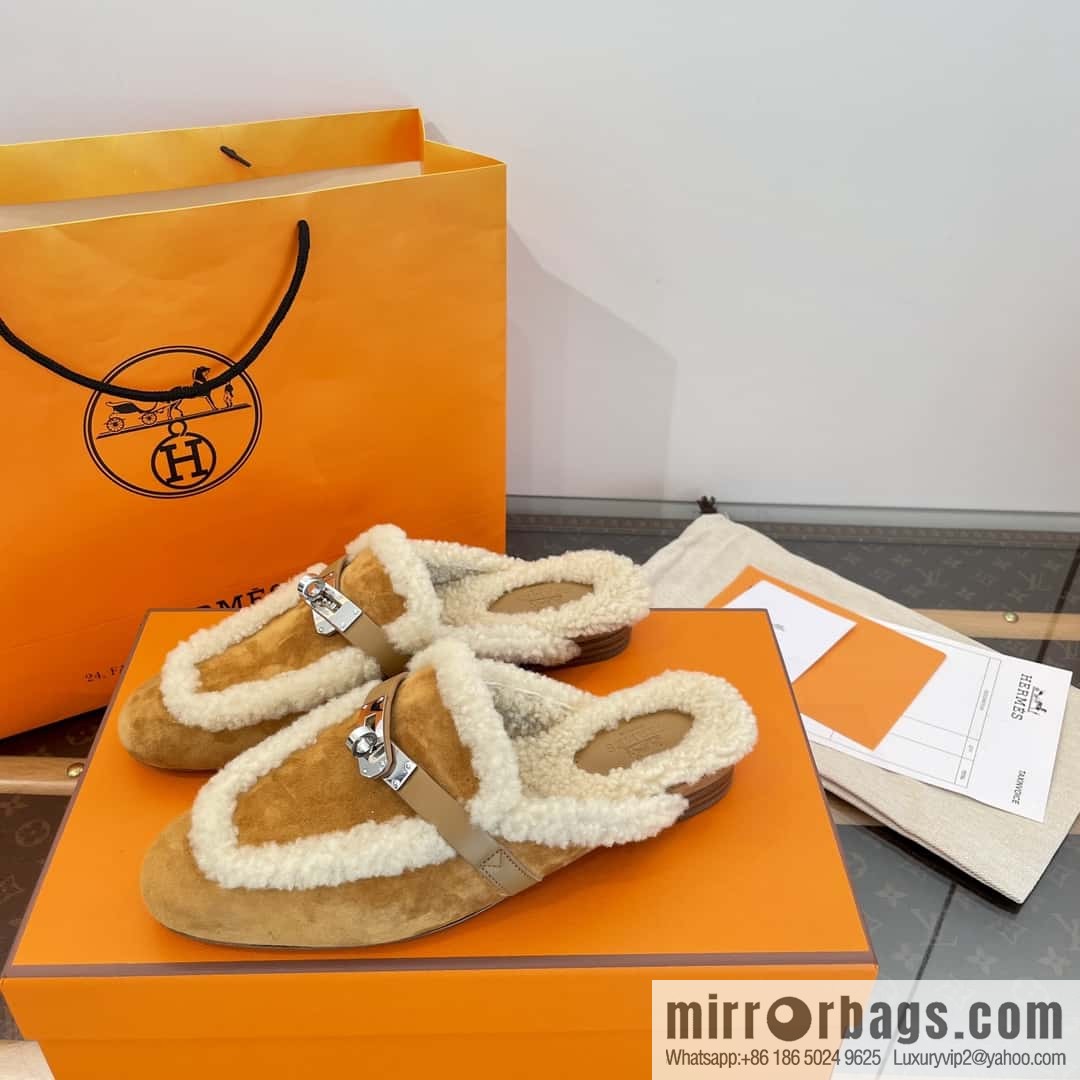 Hermès Sheepskin Button Muller Half Trail Fluffy Shoes