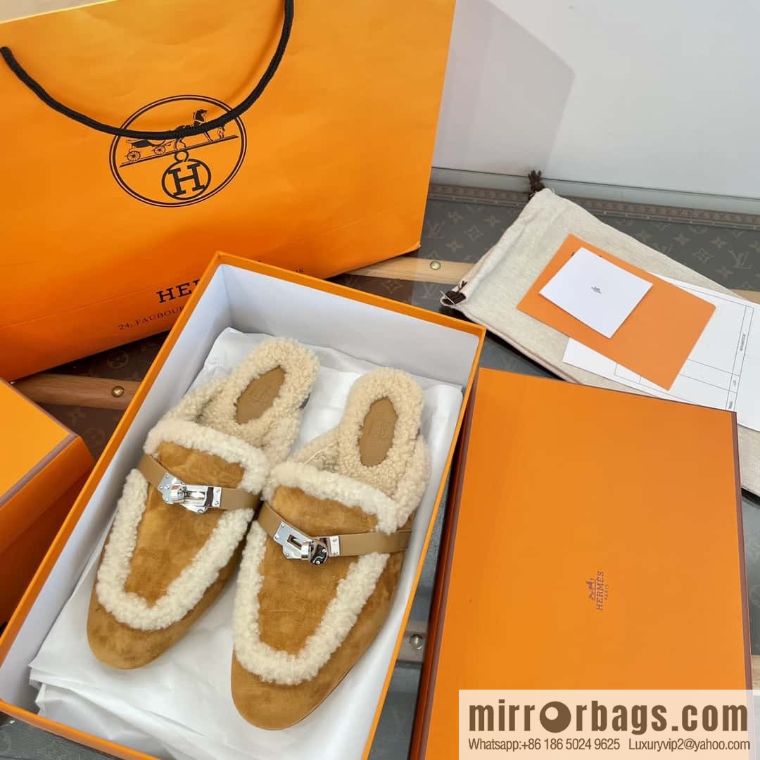 Hermès Sheepskin Button Muller Half Trail Fluffy Shoes