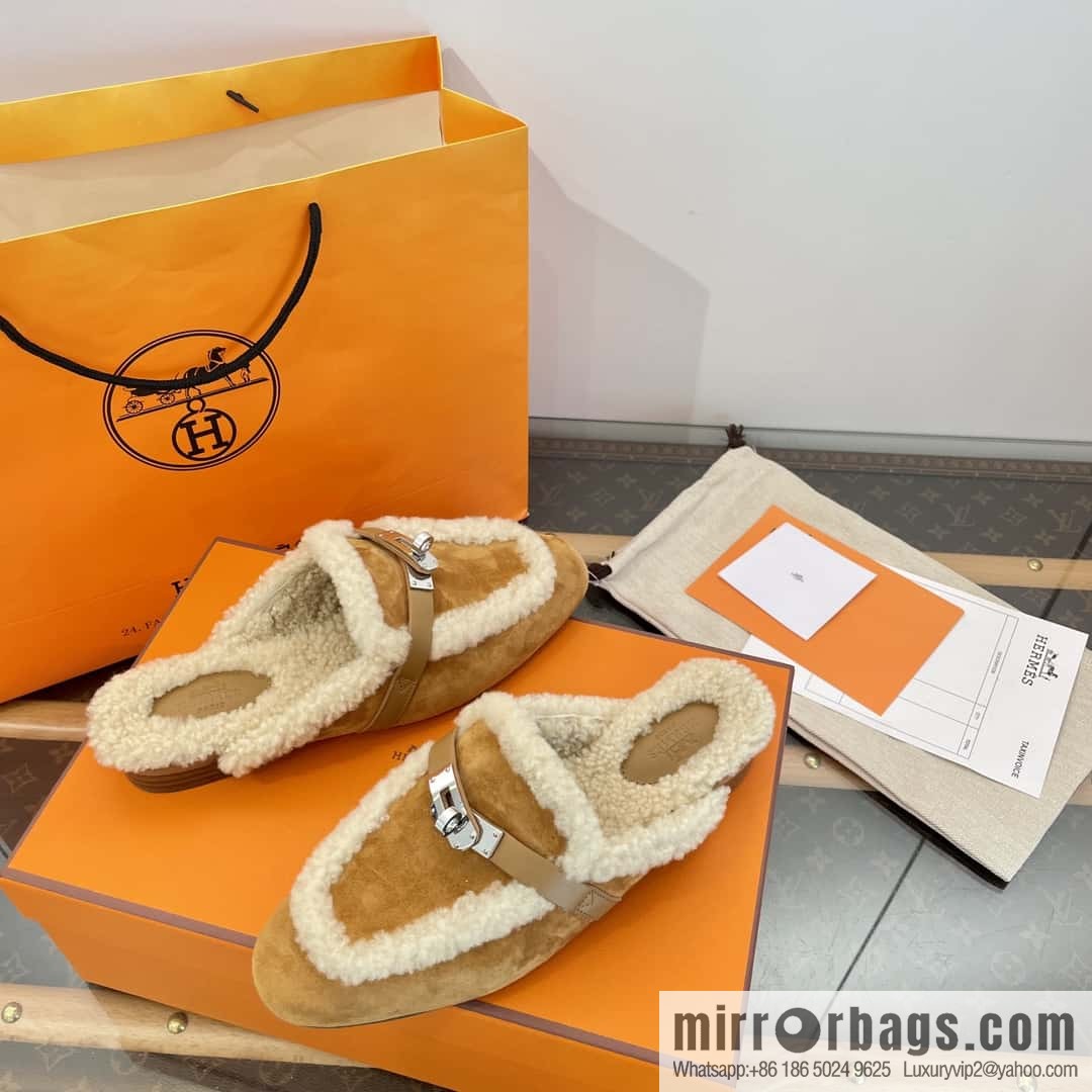 Hermès Sheepskin Button Muller Half Trail Fluffy Shoes