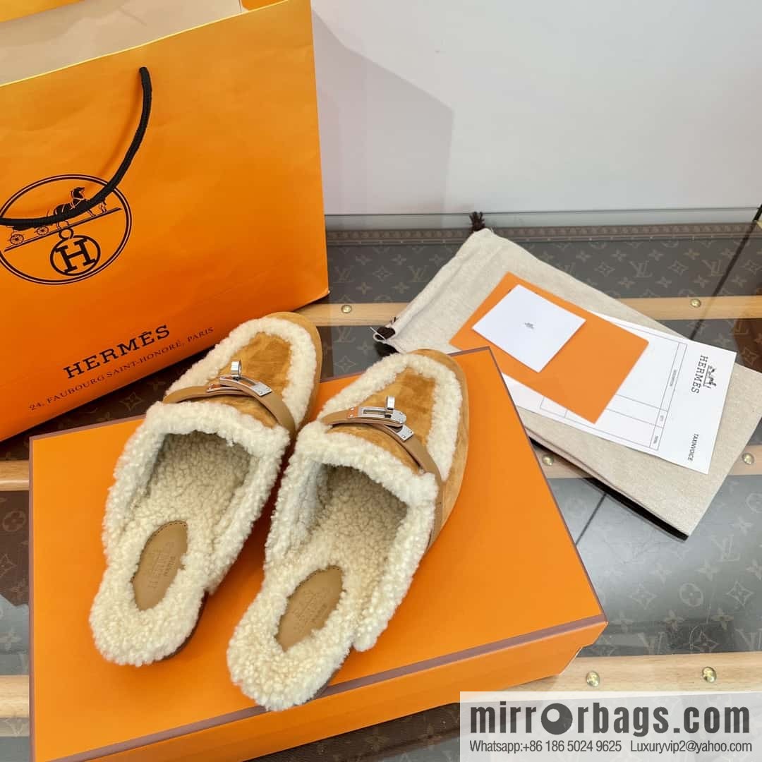 Hermès Sheepskin Button Muller Half Trail Fluffy Shoes