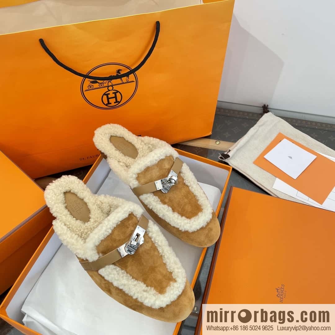 Hermès Sheepskin Button Muller Half Trail Fluffy Shoes