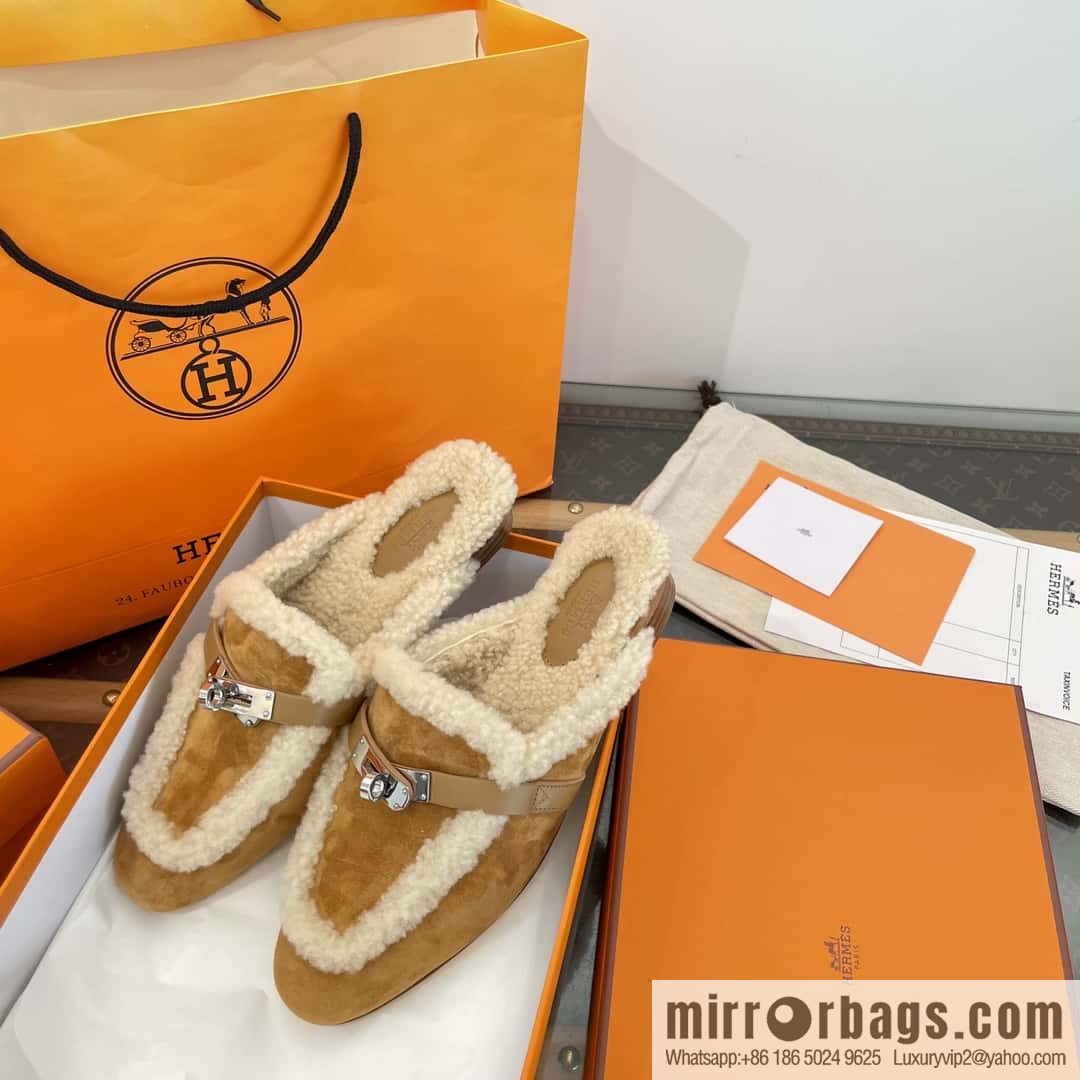 Hermès Sheepskin Button Muller Half Trail Fluffy Shoes