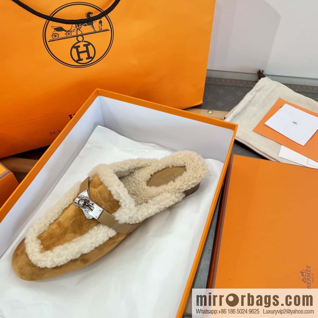 Hermès Sheepskin Button Muller Half Trail Fluffy Shoes
