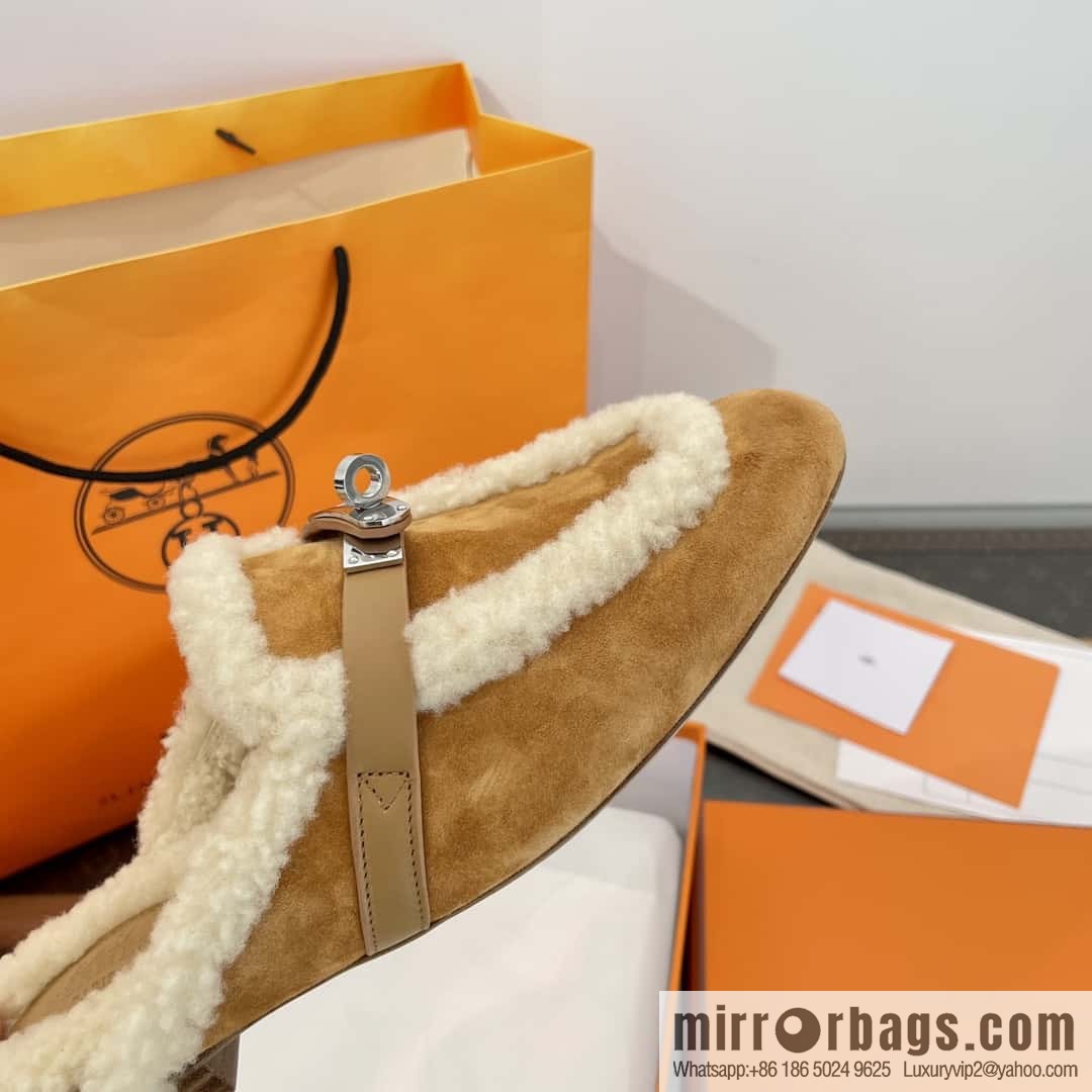 Hermès Sheepskin Button Muller Half Trail Fluffy Shoes