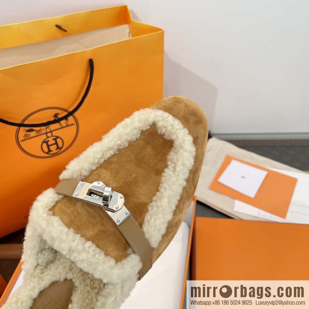 Hermès Sheepskin Button Muller Half Trail Fluffy Shoes