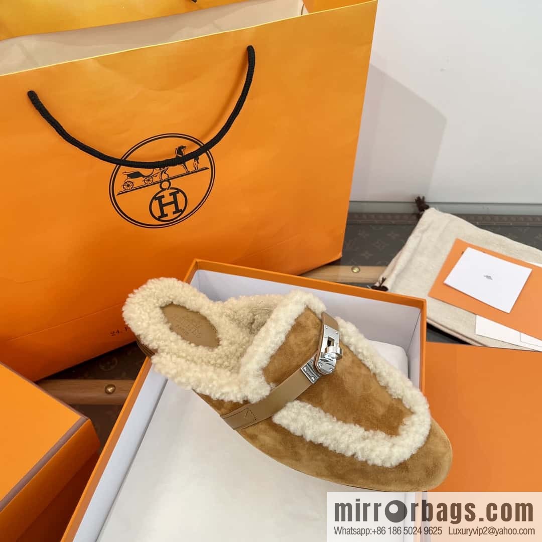 Hermès Sheepskin Button Muller Half Trail Fluffy Shoes