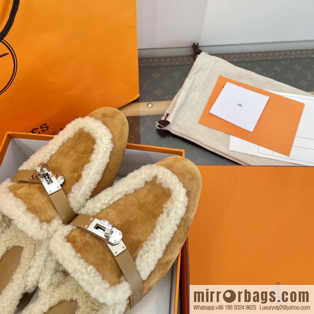 Hermès Sheepskin Button Muller Half Trail Fluffy Shoes