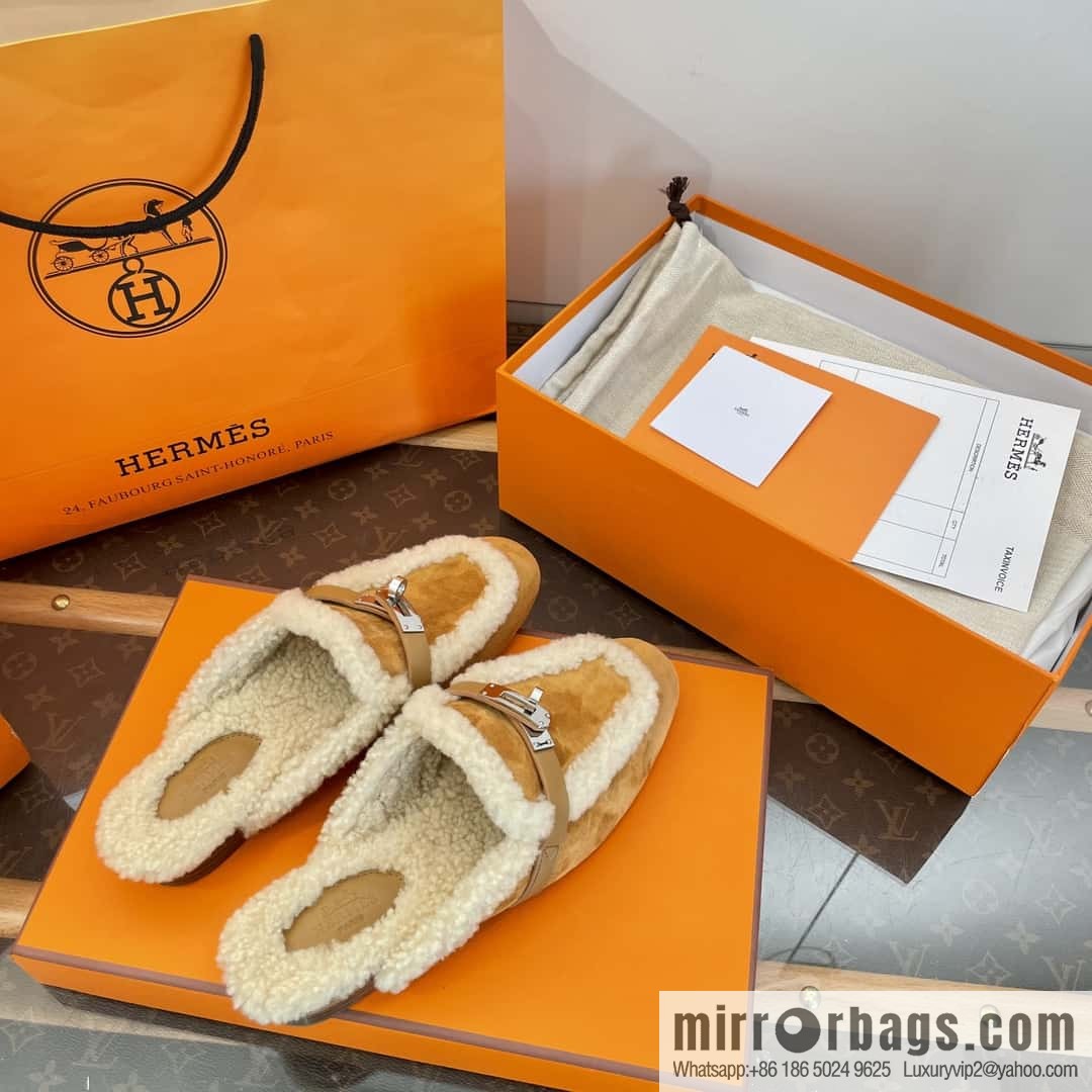 Hermès Sheepskin Button Muller Half Trail Fluffy Shoes