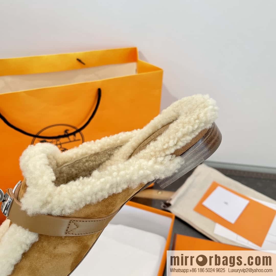 Hermès Sheepskin Button Muller Half Trail Fluffy Shoes