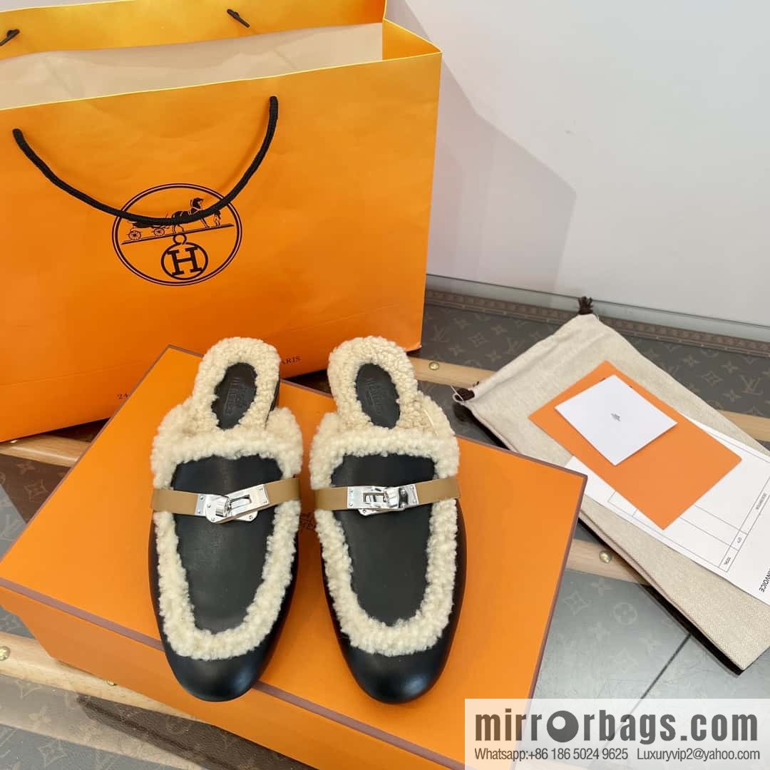 Hermès Sheepskin Button Muller Half Trail Fluffy Shoes