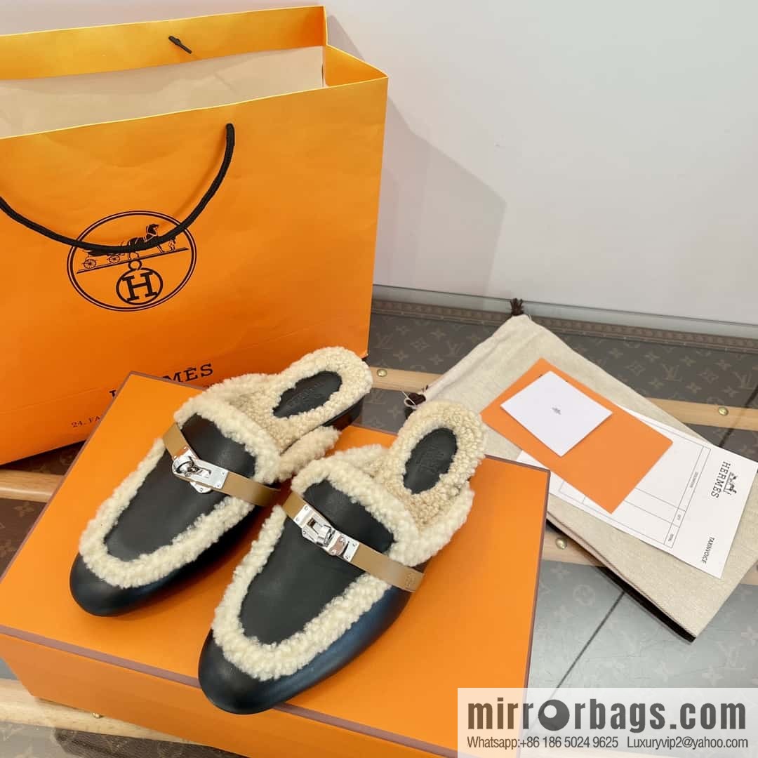 Hermès Sheepskin Button Muller Half Trail Fluffy Shoes
