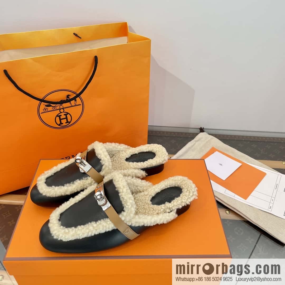 Hermès Sheepskin Button Muller Half Trail Fluffy Shoes