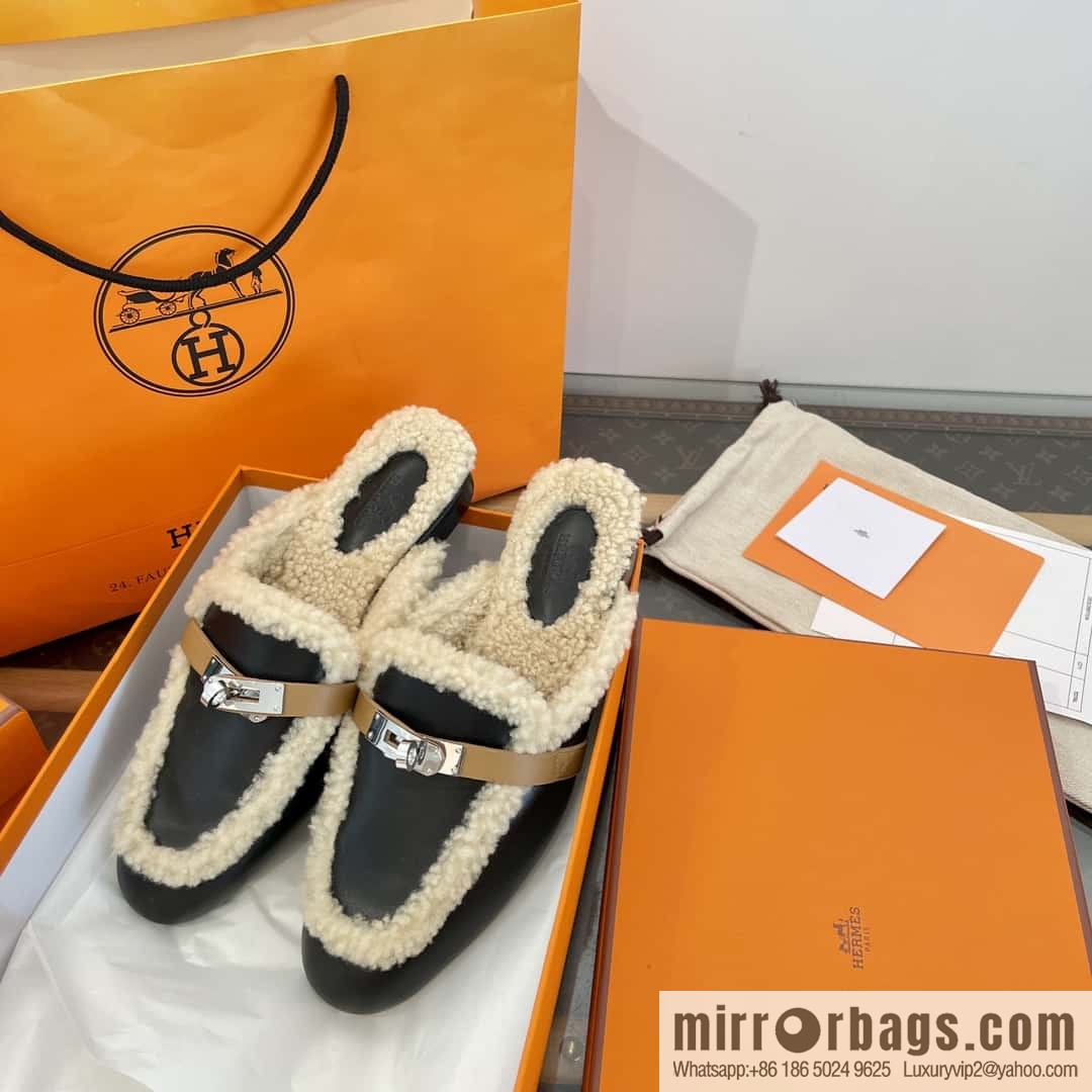 Hermès Sheepskin Button Muller Half Trail Fluffy Shoes