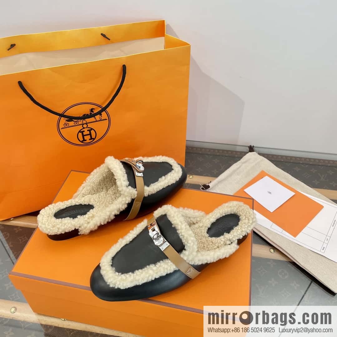 Hermès Sheepskin Button Muller Half Trail Fluffy Shoes