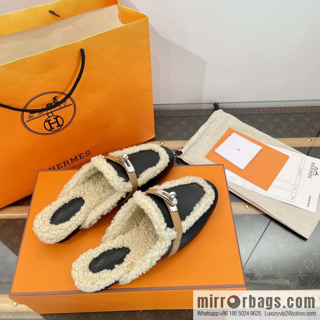 Hermès Sheepskin Button Muller Half Trail Fluffy Shoes