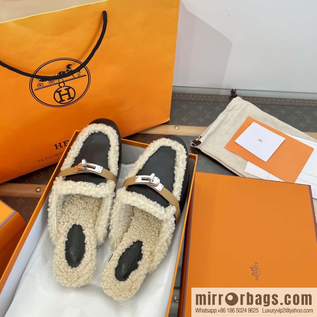 Hermès Sheepskin Button Muller Half Trail Fluffy Shoes