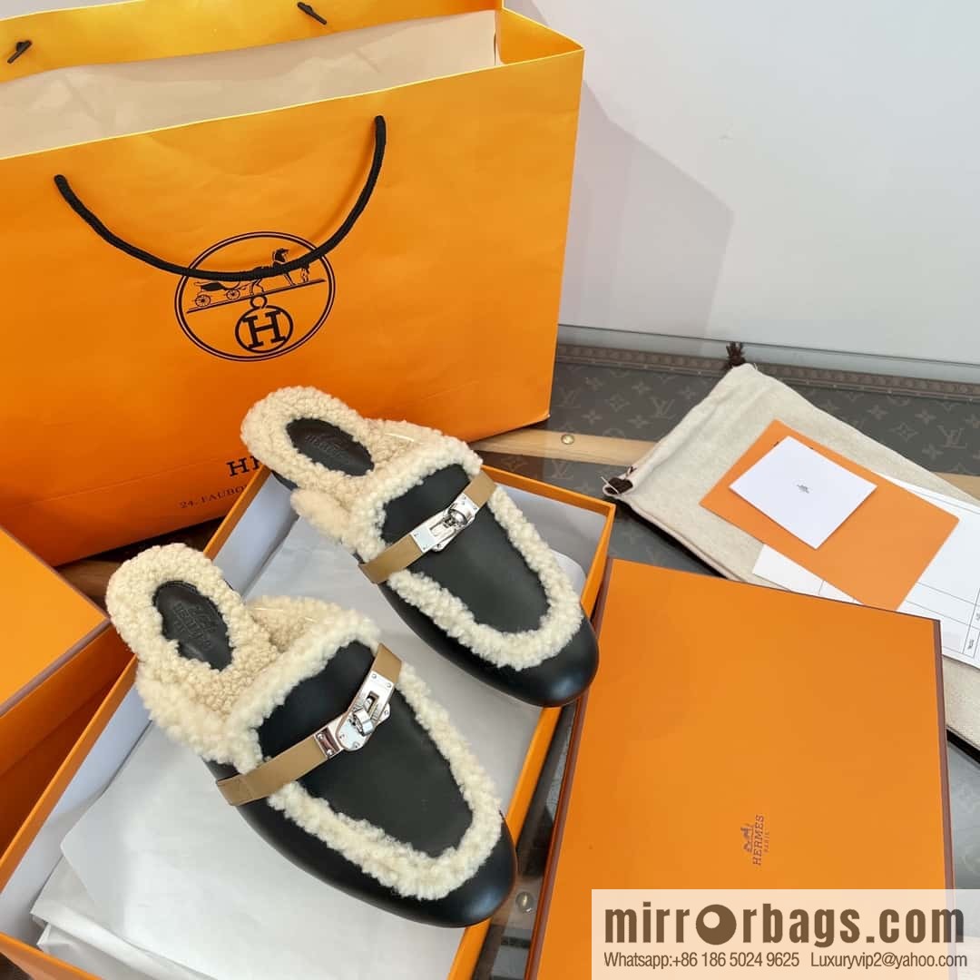 Hermès Sheepskin Button Muller Half Trail Fluffy Shoes