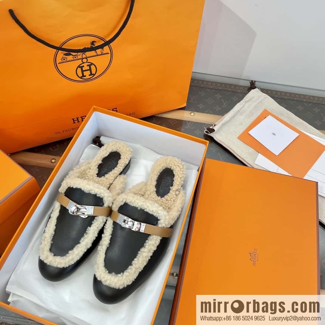 Hermès Sheepskin Button Muller Half Trail Fluffy Shoes