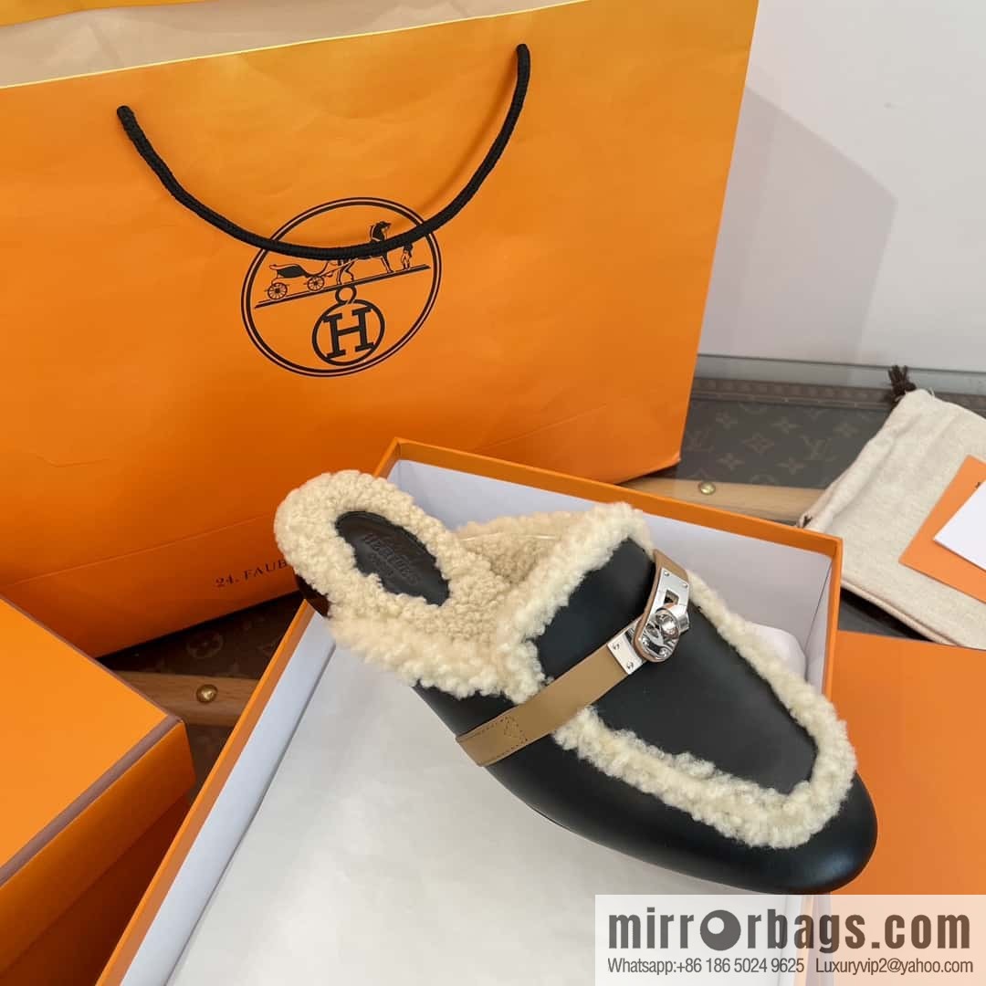 Hermès Sheepskin Button Muller Half Trail Fluffy Shoes