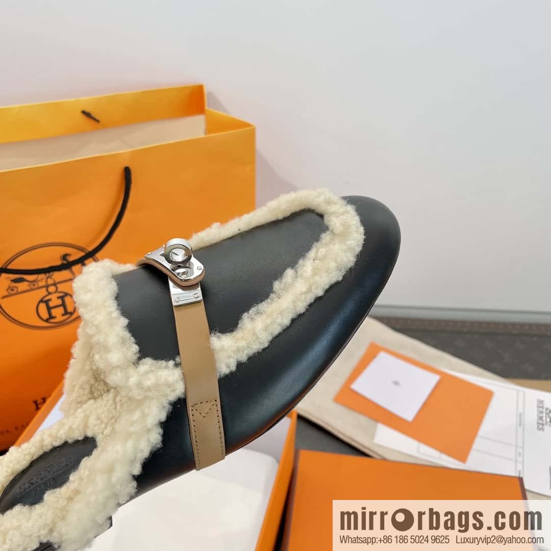 Hermès Sheepskin Button Muller Half Trail Fluffy Shoes