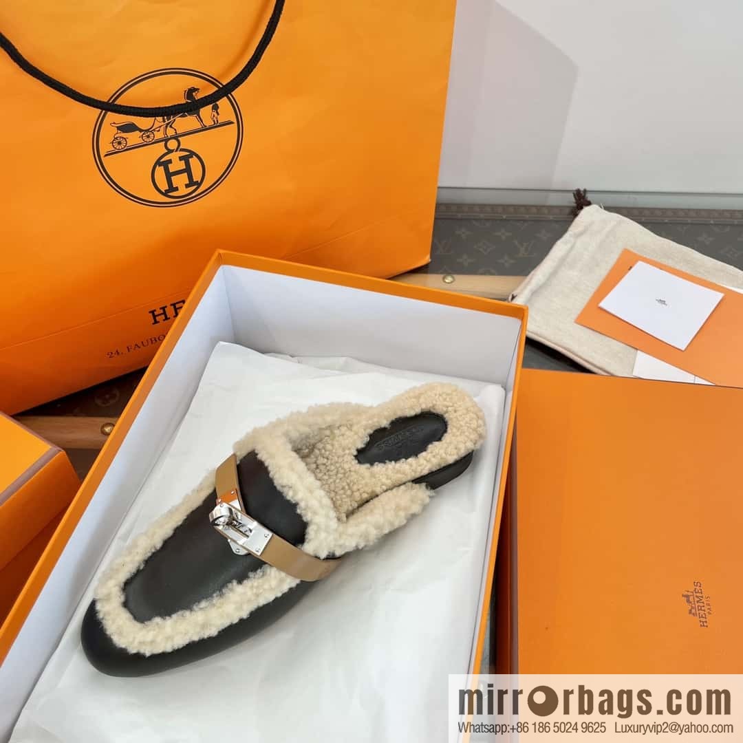 Hermès Sheepskin Button Muller Half Trail Fluffy Shoes